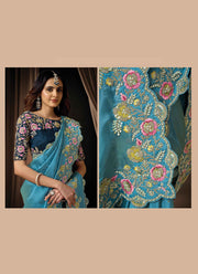 Aqua Blue Color Silk Classical Saree with Embroidered, Pearls and Thread Work